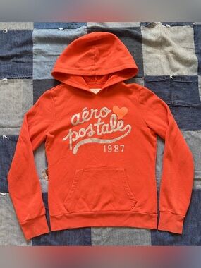 2000s aeropostale orange hoodie glitter heart logo size M
